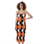 Orange White And Black Argyle Print Slim Fit Midi Cami Dress