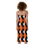 Orange White And Black Argyle Print Slim Fit Midi Cami Dress
