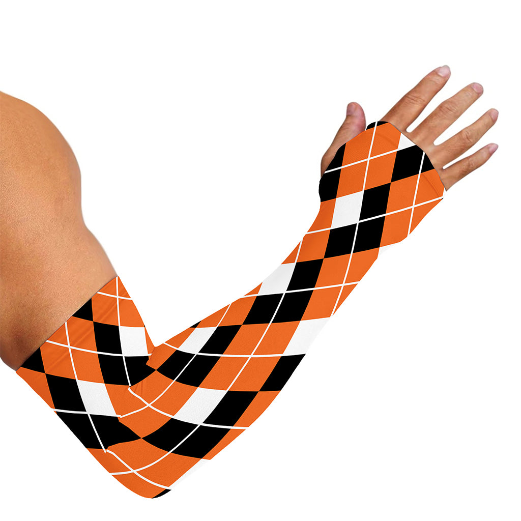 Orange White And Black Argyle Print Sun Protection Arm Sleeves