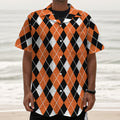 Orange White And Black Argyle Print Textured Short Sleeve Shirt