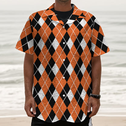 Orange White And Black Argyle Print Textured Short Sleeve Shirt