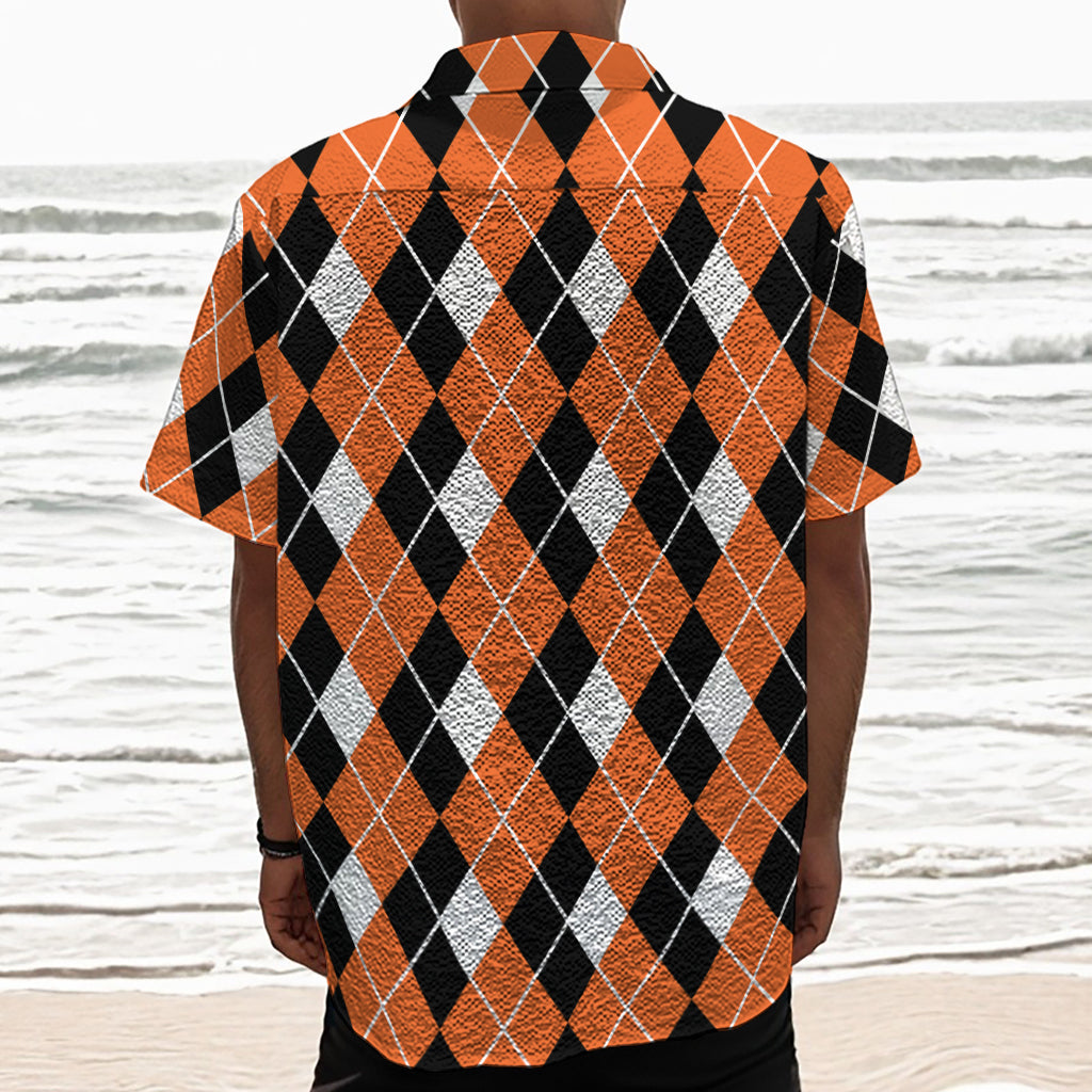 Orange White And Black Argyle Print Textured Short Sleeve Shirt