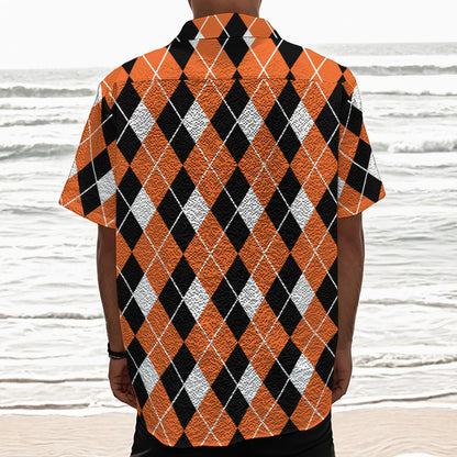 Orange White And Black Argyle Print Textured Short Sleeve Shirt
