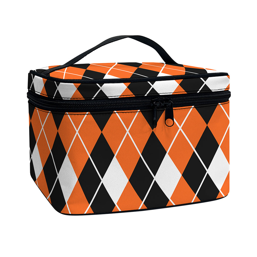 Orange White And Black Argyle Print Travel Makeup Bag