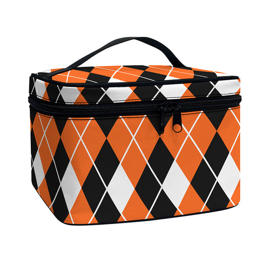 Orange White And Black Argyle Print Travel Makeup Bag