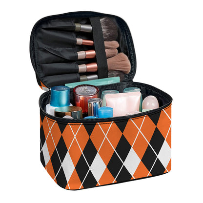Orange White And Black Argyle Print Travel Makeup Bag