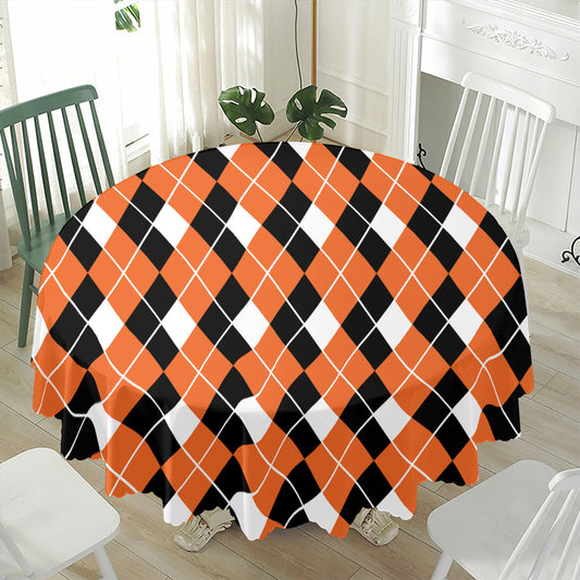 Orange White And Black Argyle Print Waterproof Round Tablecloth