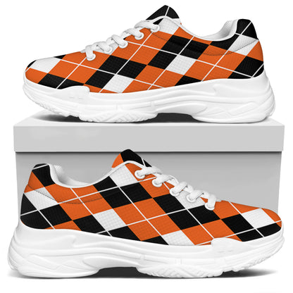 Orange White And Black Argyle Print White Chunky Shoes