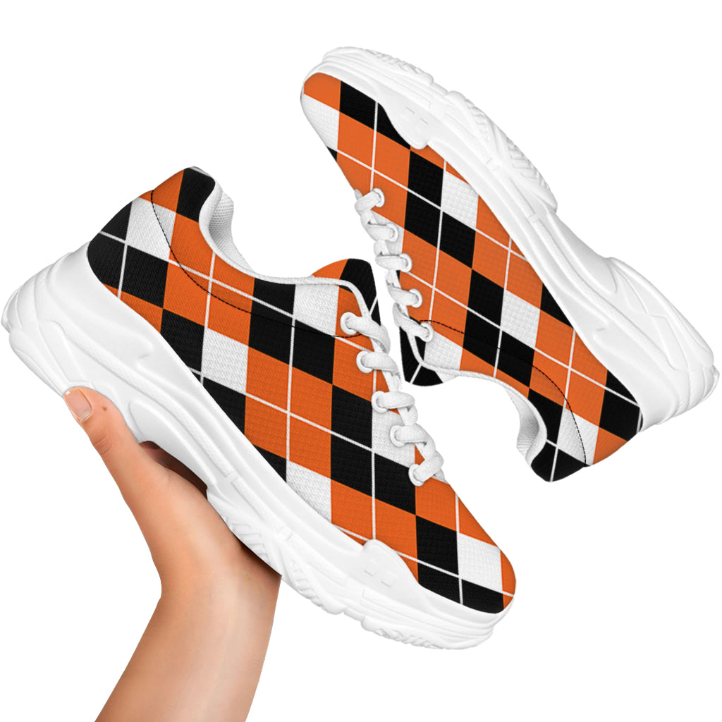 Orange White And Black Argyle Print White Chunky Shoes