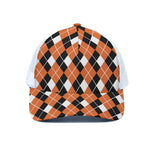 Orange White And Black Argyle Print White Mesh Trucker Cap