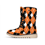 Orange White And Black Argyle Print Winter Boots