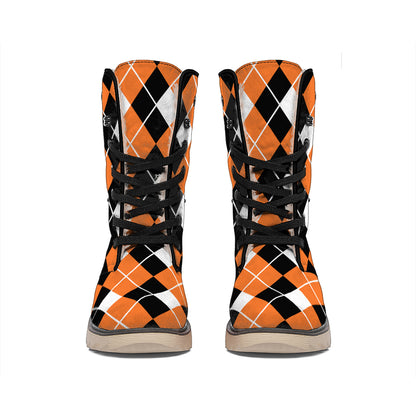 Orange White And Black Argyle Print Winter Boots
