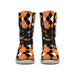Orange White And Black Argyle Print Winter Boots