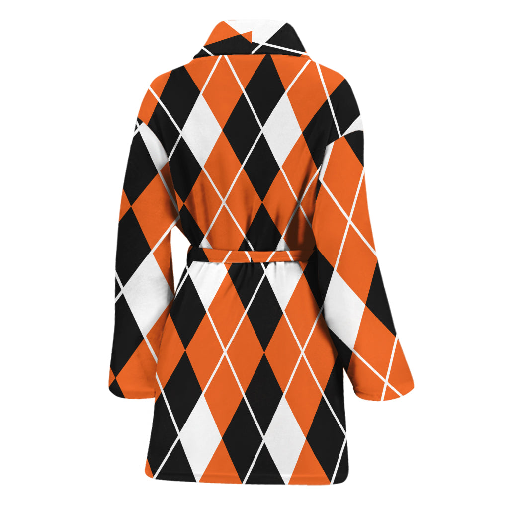 Orange White And Black Argyle Print Women's Bathrobe