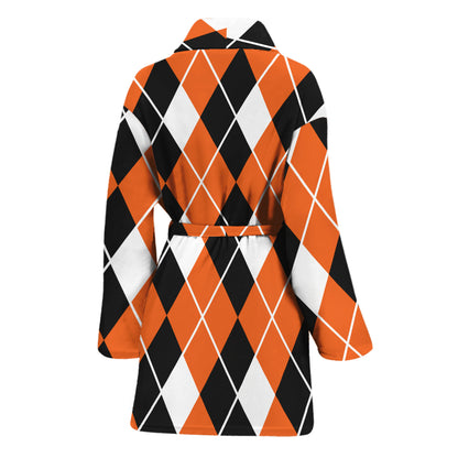 Orange White And Black Argyle Print Women's Bathrobe