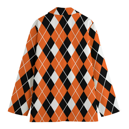 Orange White And Black Argyle Print Women's Blazer