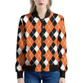 Orange White And Black Argyle Print Women's Bomber Jacket