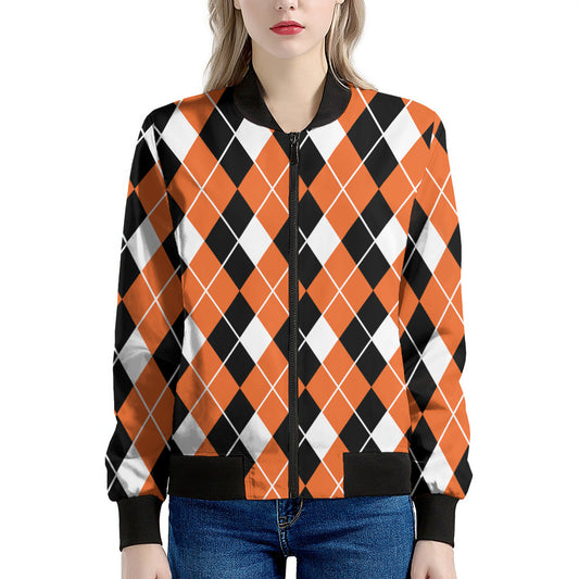 Orange White And Black Argyle Print Women's Bomber Jacket