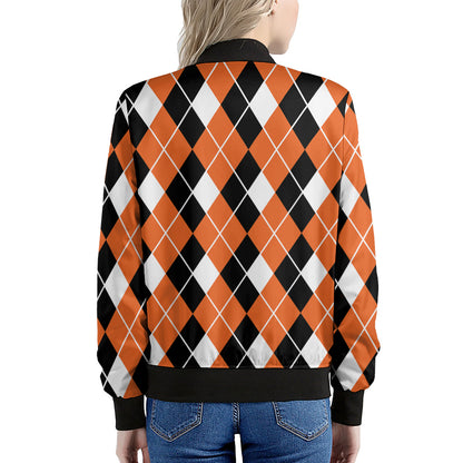 Orange White And Black Argyle Print Women's Bomber Jacket