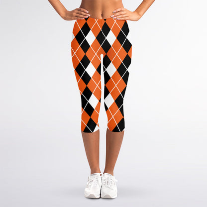 Orange White And Black Argyle Print Women's Capri Leggings