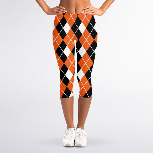 Orange White And Black Argyle Print Women's Capri Leggings