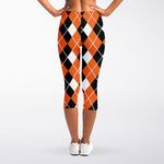Orange White And Black Argyle Print Women's Capri Leggings