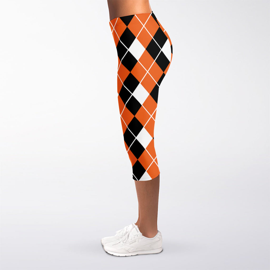 Orange White And Black Argyle Print Women's Capri Leggings