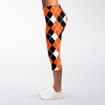 Orange White And Black Argyle Print Women's Capri Leggings