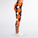Orange White And Black Argyle Print Women's Capri Leggings