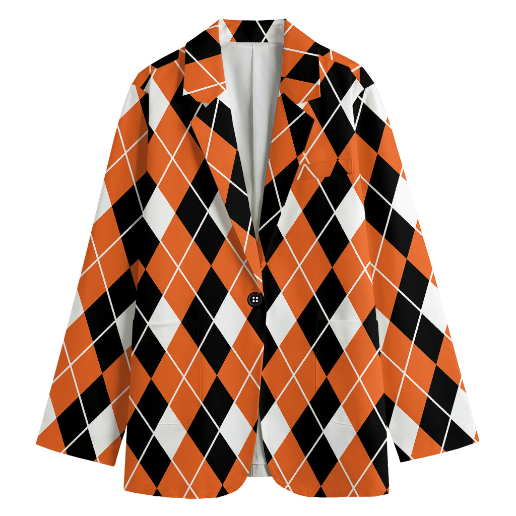 Orange White And Black Argyle Print Women's Cotton Blazer