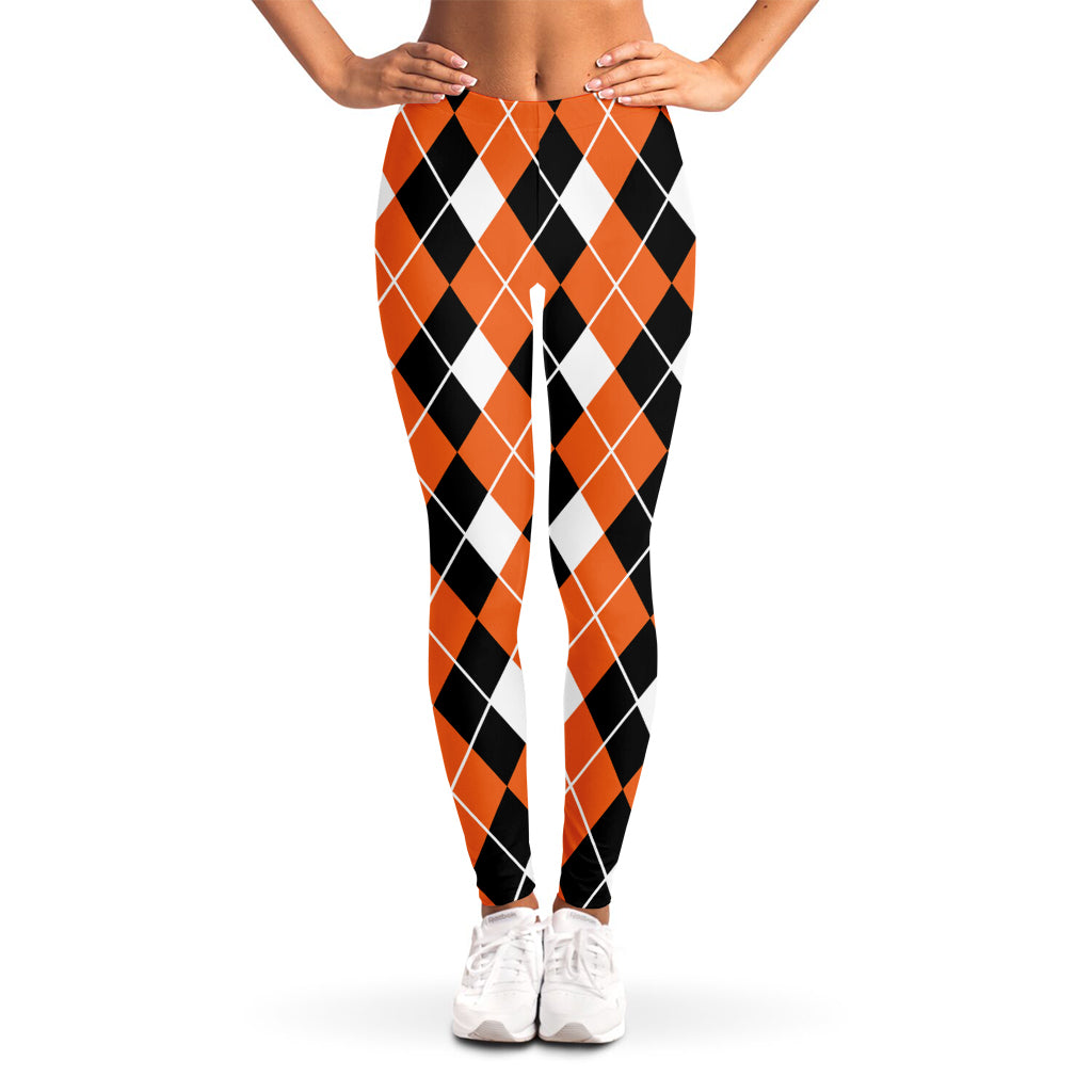 Orange White And Black Argyle Print Women's Leggings