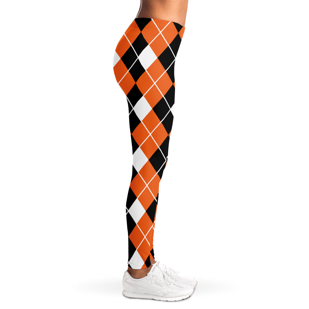 Orange White And Black Argyle Print Women's Leggings
