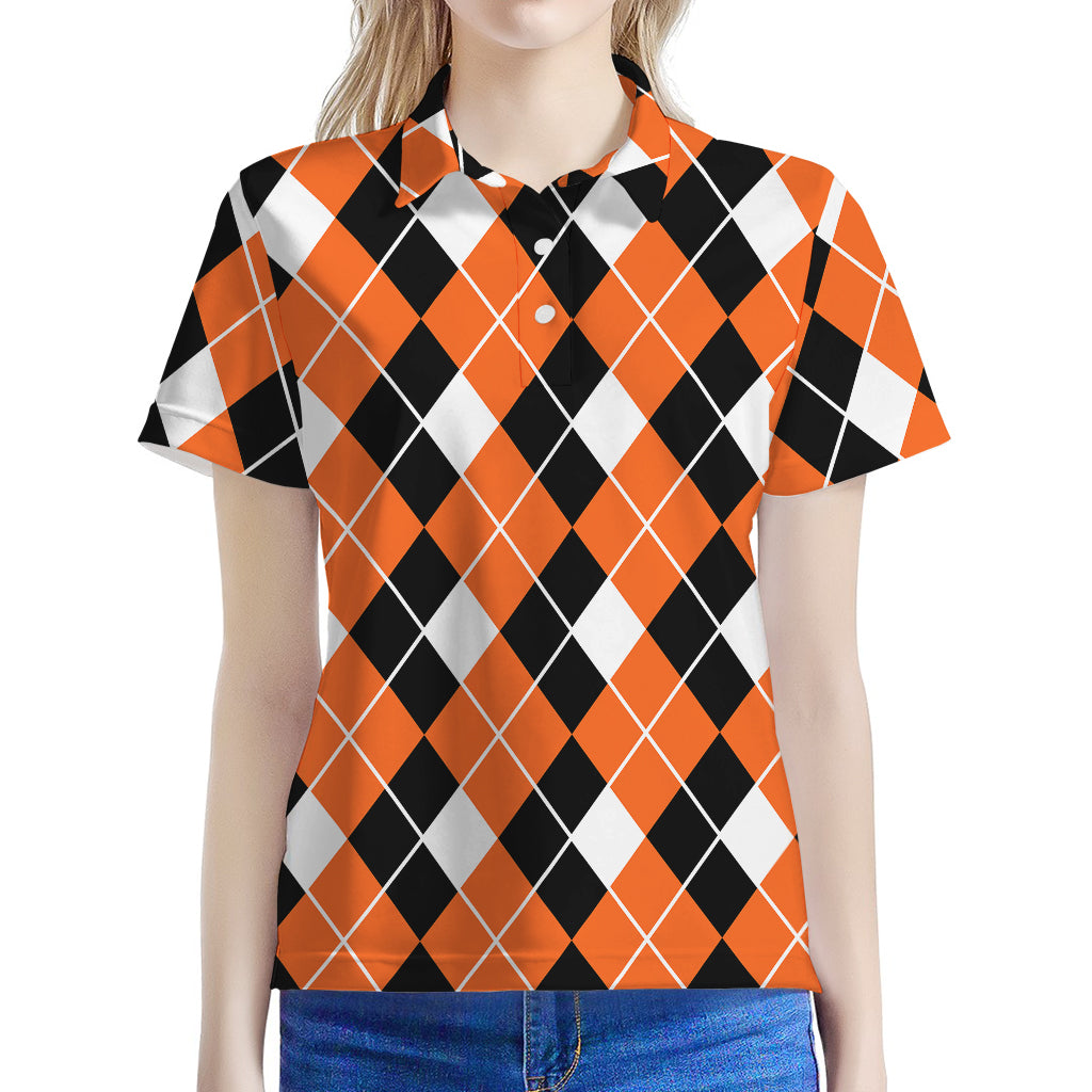 Orange White And Black Argyle Print Women's Polo Shirt