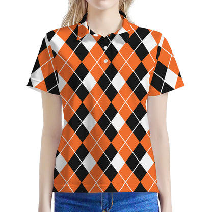 Orange White And Black Argyle Print Women's Polo Shirt
