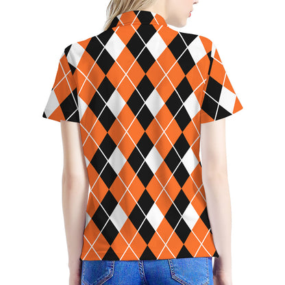 Orange White And Black Argyle Print Women's Polo Shirt
