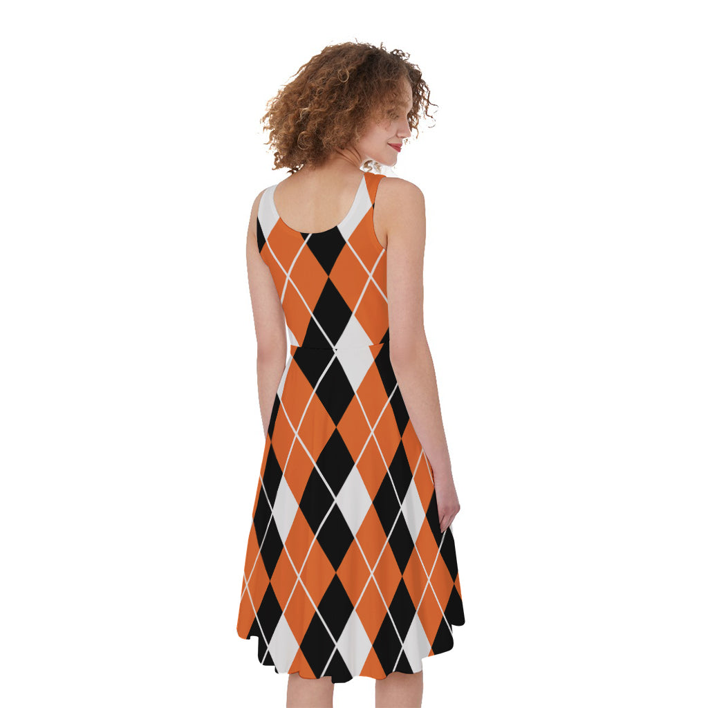 Orange White And Black Argyle Print Women's Sleeveless Dress