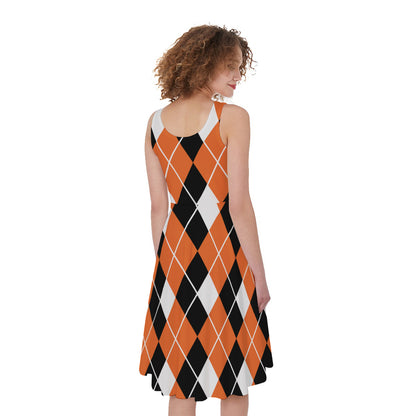 Orange White And Black Argyle Print Women's Sleeveless Dress