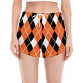 Orange White And Black Argyle Print Women's Split Running Shorts