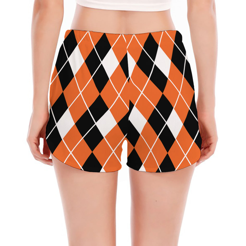 Orange White And Black Argyle Print Women's Split Running Shorts