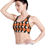 Orange White And Black Argyle Print Women's Sports Bra