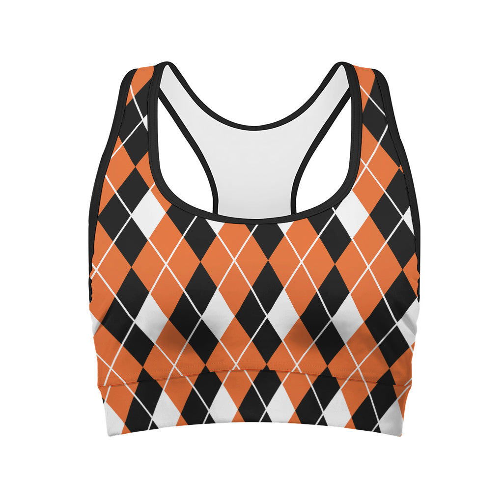 Orange White And Black Argyle Print Women's Sports Bra