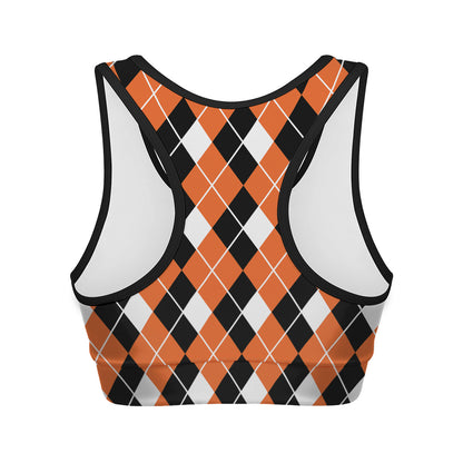 Orange White And Black Argyle Print Women's Sports Bra