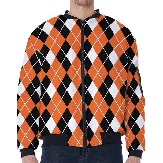 Orange White And Black Argyle Print Zip Sleeve Bomber Jacket