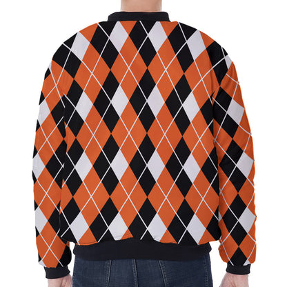Orange White And Black Argyle Print Zip Sleeve Bomber Jacket