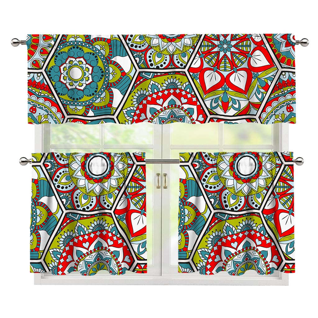 Oriental Mandala Bohemian Pattern Print 3 Piece Kitchen Curtains