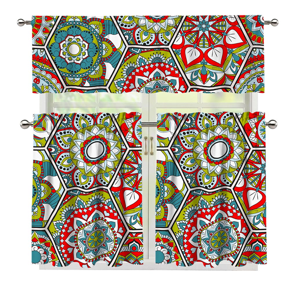 Oriental Mandala Bohemian Pattern Print 3 Piece Kitchen Curtains