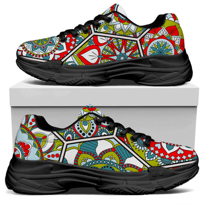 Oriental Mandala Bohemian Pattern Print Black Chunky Shoes