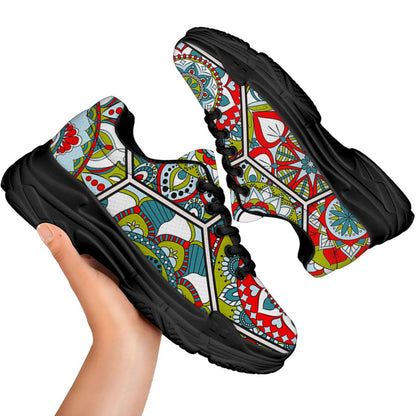 Oriental Mandala Bohemian Pattern Print Black Chunky Shoes