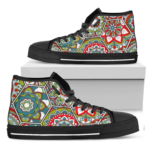 Oriental Mandala Bohemian Pattern Print Black High Top Sneakers