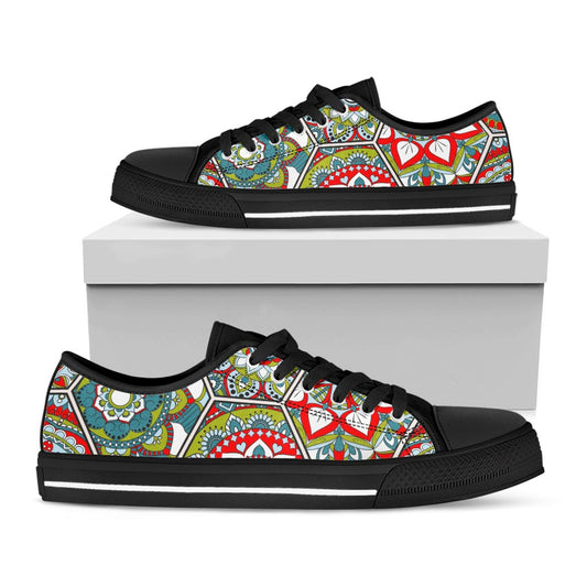 Oriental Mandala Bohemian Pattern Print Black Low Top Sneakers